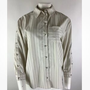 BA&SH Sz XS Striped Button Top Cream Black Viscose Polyamide Button Sleeves